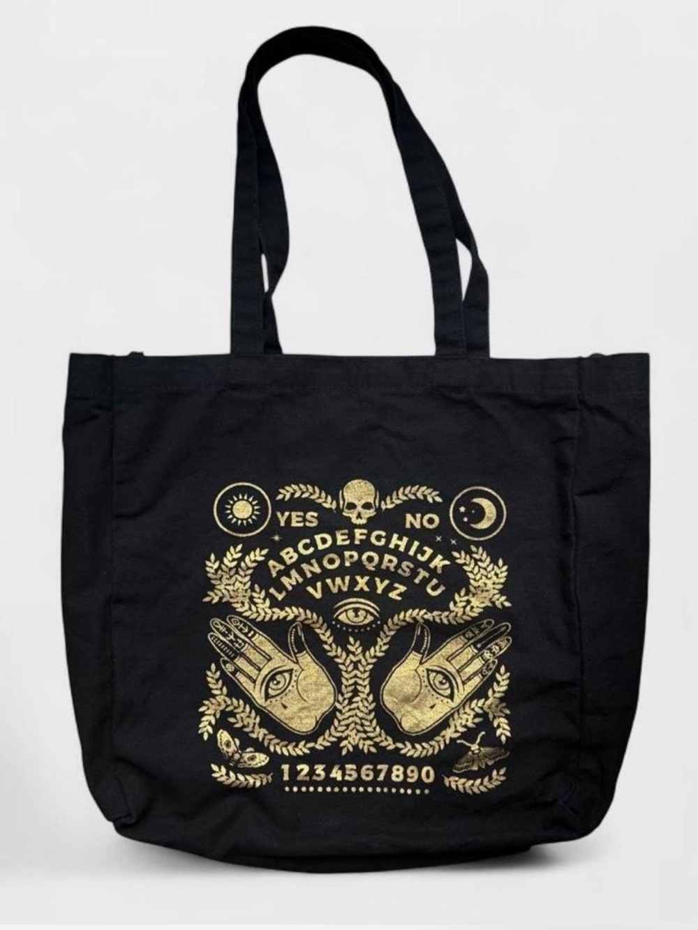 Black Ouija Board Tote Bag with Sparkly Gold Design